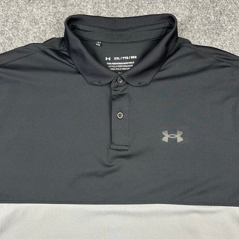 Under Armour Performance Polo Mens XXL Black Grey Colorblock Stretch Golf Shirt
